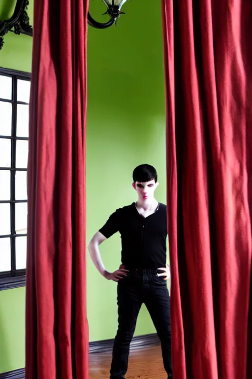 Image similar to androgynous male with black short hair and pale skin is standing in front of a mirror surrounded by victorian interior in a room with tall windows dark red curtains and moos green flooring by leonardo da vinci. volumetric lighting, petspective room layout