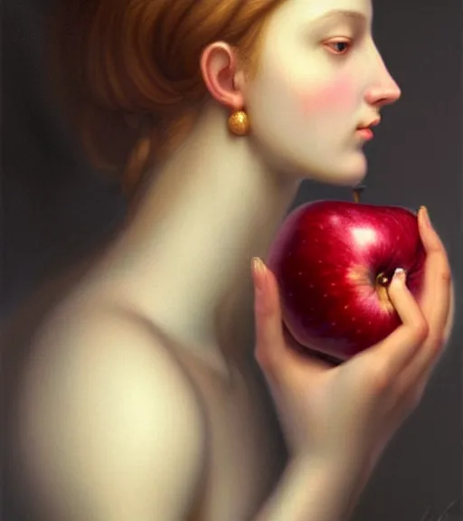 Image similar to portrait of a woman and an apple sitting upon a table with heightened detail, poised, intense emotion, detailed facial expression, detailed surroundings, intricate, elegant, highly detailed, centered, digital painting, artstation, concept art, smooth, sharp focus, illustration, by ( leonardo da vinci ), wlop