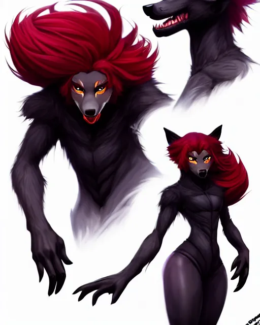 Image similar to character concept art of a black anthropomorphic furry male wolf with long red hair, futuristic | | cute - fine - face, pretty face, key visual, realistic shaded perfect face, fine details by stanley artgerm lau, wlop, rossdraws, james jean, andrei riabovitchev, marc simonetti, and sakimichan, artstation