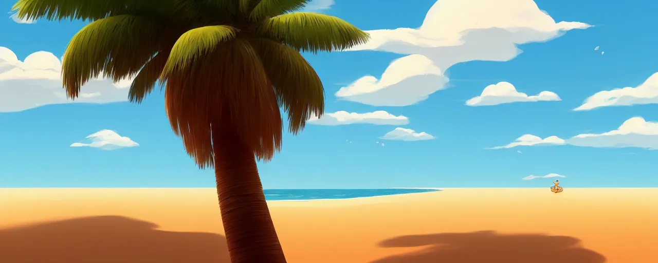 Image similar to illustration of a beach horizon with clouds and one palm tree in the style of goro fujita, sharp focus, highly detailed, artstation