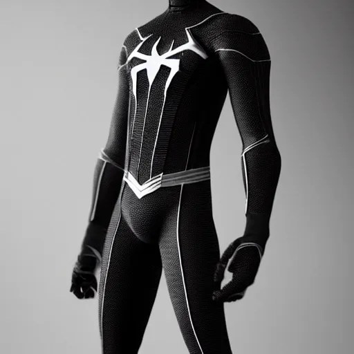 Image similar to black spider - man suit with white web lining, cinematic, volumetric lighting, realistic, hyperdetailed, photorealistic, photograph