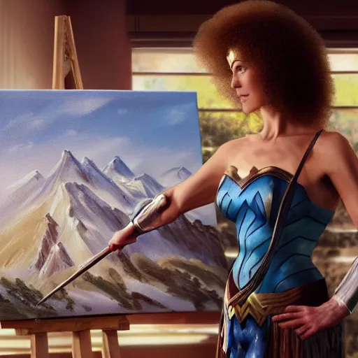 Image similar to a closeup photorealistic photograph of bob ross working on a canvas painting of wonder woman. film still. brightly lit scene. mountains and trees. this 4 k hd image is trending on artstation, featured on behance, well - rendered, extra crisp, features intricate detail, epic composition and the style of unreal engine.