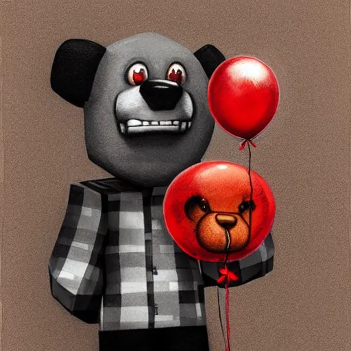 Image similar to surrealism grunge cartoon portrait sketch of a teddy bear with a wide smile and a red balloon by - michael karcz, loony toons style, minecraft style, horror theme, detailed, elegant, intricate