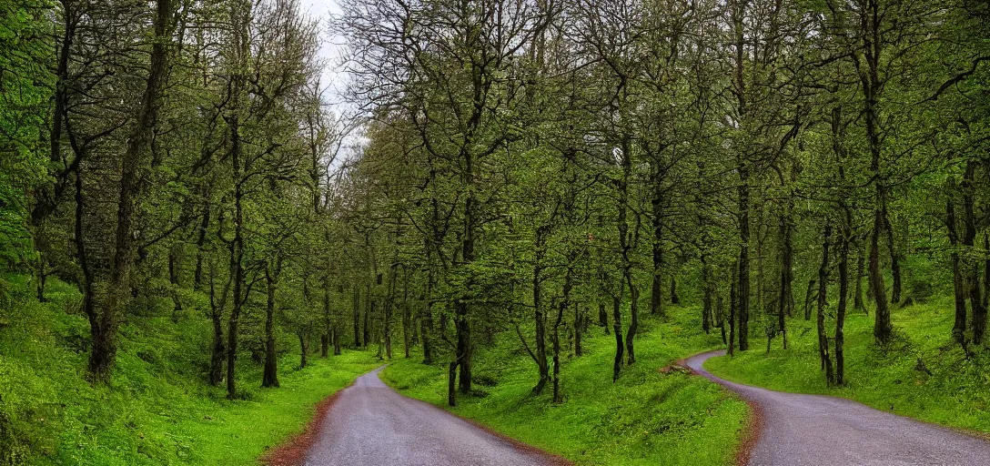 Image similar to The landscape of a green hilly forest somewhere in Germany, a country road is visible, through which a deer runs, ultra detailed