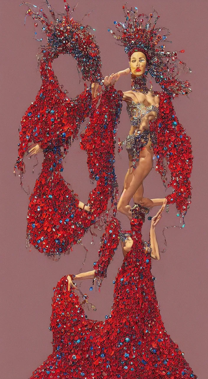 Prompt: a full - body woman character design concept art wearing a red sequined bodysuit, beads hanging over her face like an alexander mcqueen headdress, costume by eiko ishioka, haute couture by moebius, steven outram, colorful and psychedelic