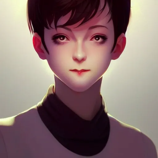 Image similar to youth sean young very slightly smiling, occlusion shadow, specular reflection, rim light, unreal engine, range murata, artstation, pinterest, art by hiroaki samura and ilya kuvshinov and rossdraws, intricate, highly detailed 8 k, art deco illustration, extremely beautiful shape of face, neck, shoulders eyes