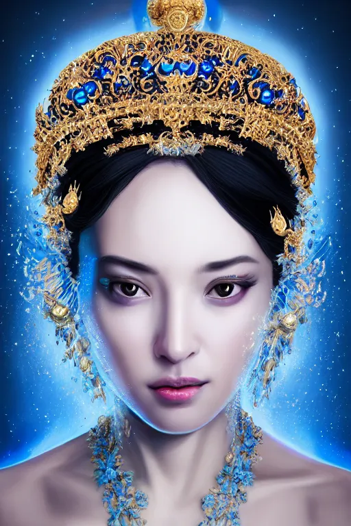 Image similar to a singular beautiful empress portrait, black hair, with a brilliant, impossible striking shiny big blue crystal headpiece, symmetrical, reflective surface, blue crystal clothes, rococo, baroque, jewels, asian, realistic, studio lighting, closeup, D&D, fantasy, intricate, elegant, highly detailed, digital painting, artstation, octane render, 8k, concept art, matte, sharp focus, illustration, art by Artgerm and Greg Rutkowski and Alphonse Mucha