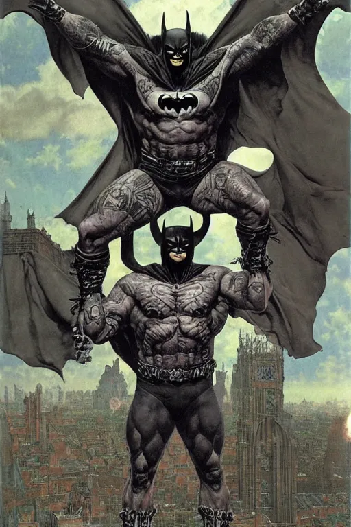 Image similar to full length portrait of hulking martyn ford as evil batman, by lawrence alma tadema and zdzislaw beksinski and norman rockwell and jack kirby and tom lovell and greg staples and michael alford