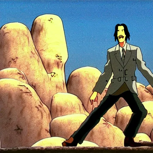 Image similar to a still of keanu reeves in castle in the sky ( 1 9 8 6 ) studio ghibli art style. hayao miyazaki imagination