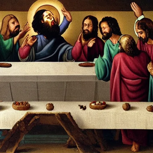 Image similar to jesus having a food fight and screaming in the last supper