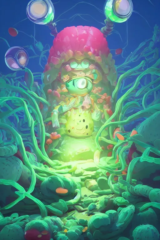 Image similar to roots cactus sushi cristal smurf ghost creature animal sushi cristal very big eye roots cactus elemental flush of force nature micro world fluo fishscale, behance hd by jesper ejsing, by rhads, makoto shinkai and lois van baarle, ilya kuvshinov, rossdraws radiating a glowing aura global illumination ray tracing hdr