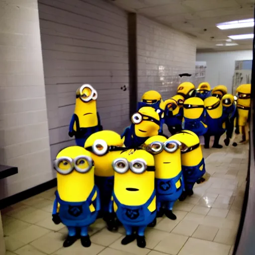 Prompt: minions walking about in the backrooms