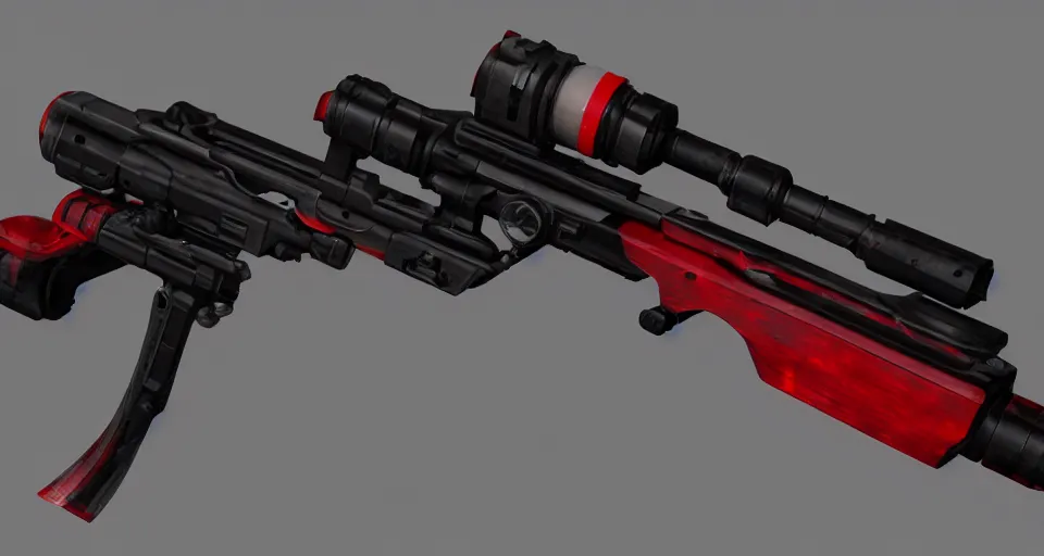 Prompt: extremely detailed ultra realistic side view photovintage sci fi minimalist laser sniper rifle, detailed trigger, chemically propelled, electric, red paint, smooth streamline, elegant sleek smooth body, wires, railgun, chemrail, gauss, smooth utopian design, ultra high quality, octane, cod, destiny, warframe, terminator