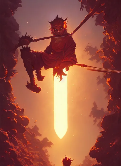 Image similar to Highly detailed portrait of Sun Wukong, Stephen Bliss, unreal engine, fantasy art by Greg Rutkowski, Loish, Rhads, ferdinand knab, Makoto Shinkai and Lois van baarle, ilya kuvshinov, rossdraws, Tom Bagshaw, alphonse mucha, global illumination, radiant light, detailed and intricate environment