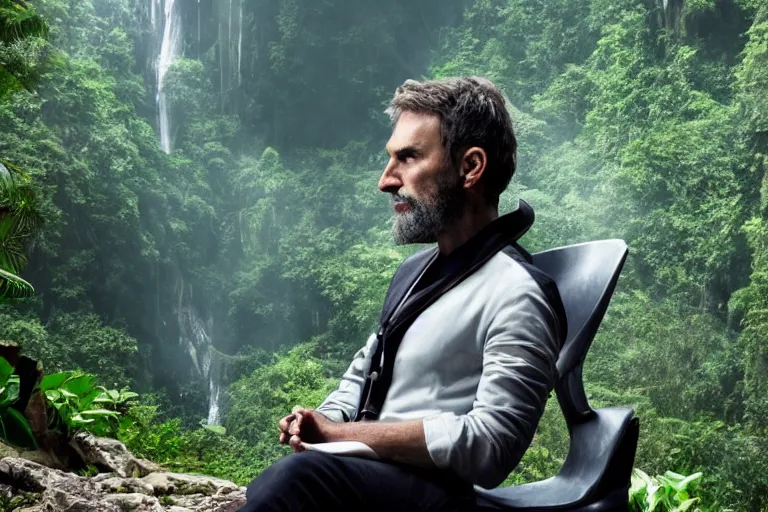 Image similar to movie closeup young man with a grey beard in a cyberpunk suit sitting on a futuristic chair at the edge of a jungle waterfall by emmanuel lubezki