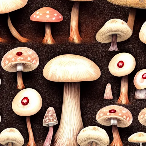 Image similar to macro photo with a mushroom character with cute eyes and mycelium, very close to real nature, natural colors and natural surroundings, painted patterns and coloring on mushrooms, 8K, highly detailed, cartoon