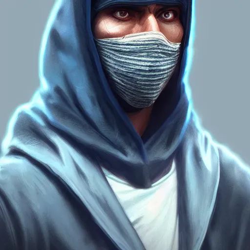 Prompt: ultra realistic illustration, man with black hair with a black mask, in blue hood, highly detailed, digital painting, artstation, concept art, smooth, sharp focus, illustration, art by artgerm and greg rutkowski and alphonse mucha
