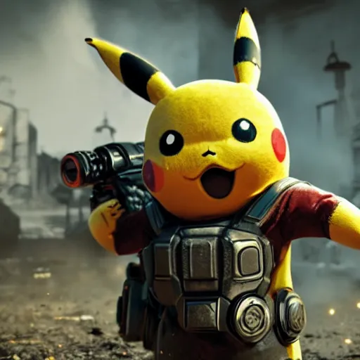 Image similar to pikachu in Gears of War, splash art, movie still, cinematic lighting, dramatic, octane render, long lens, shallow depth of field, bokeh, anamorphic lens flare, 8k, hyper detailed, 35mm film grain