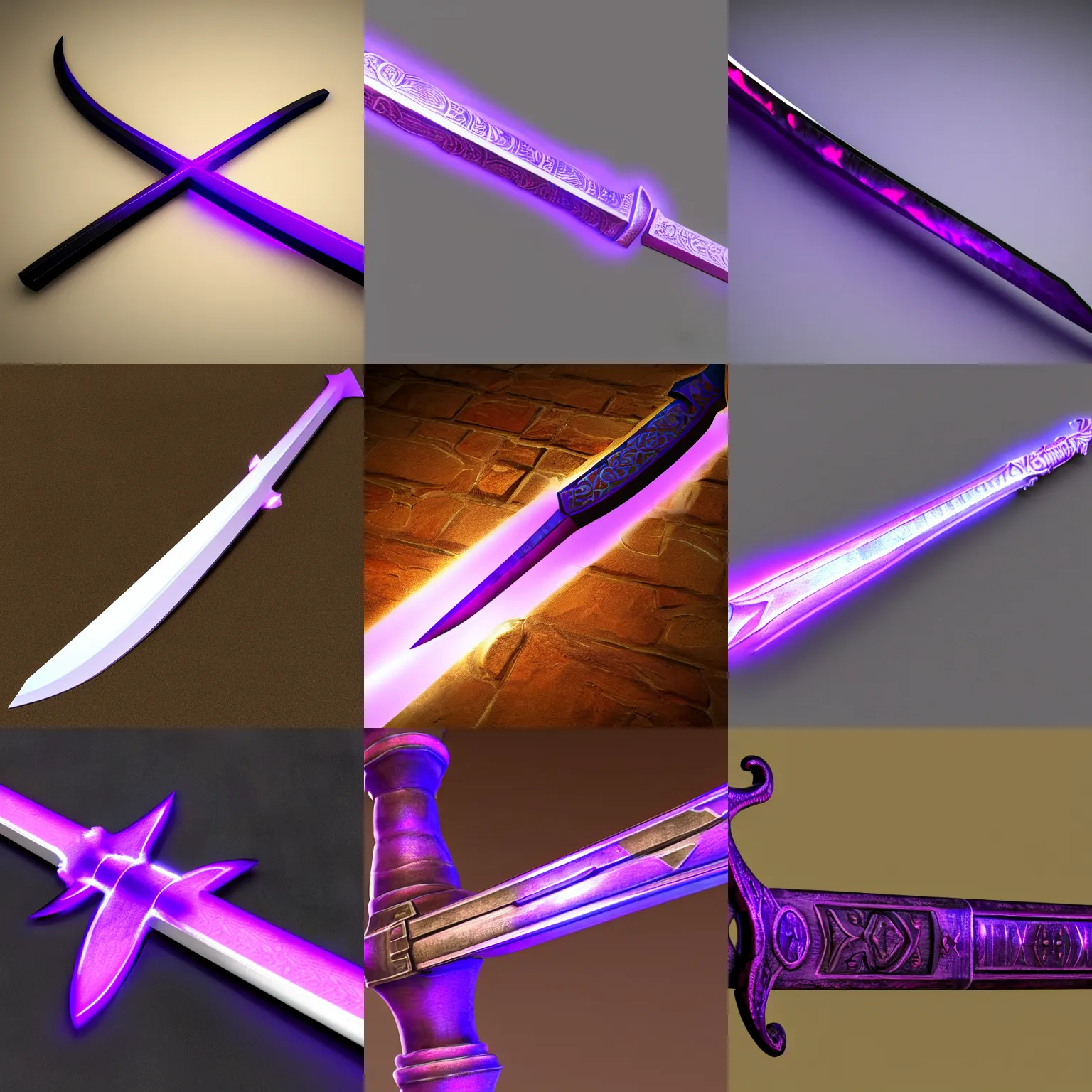 Prompt: broad sword, purple glowing inscription, 8 k, 4 k, unreal, octane render, 3 d model