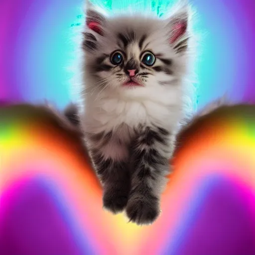 Image similar to cute fluffy kitten with rainbow fur and fluffy octopus legs, cinematic lighting, portrait, digital art,