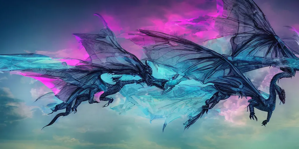 Prompt: dimly lit muted multi-color smoke (blues, greens), muted neon smoke, smoke reminiscent (translucent transparent outline) of fierce flying racing dragons with large outstretched wings flying, a distant vague city park landscape in the background, photographic, stunning, inspiring, super high energy, swift, fast, fleeting, 8K, 4K, UE5