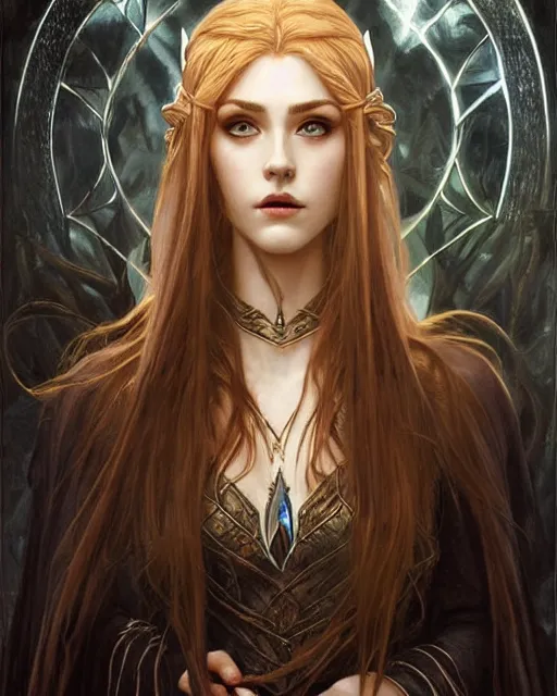 Image similar to portrait of katherine mcnamara elven mage, dark, piercing eyes, gentle expression, elegant clothing, photorealistic, highly detailed, artstation, smooth, sharp focus, art by michael whelan, artgerm, greg rutkowski and alphonse mucha