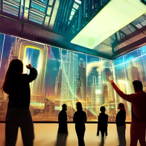 Prompt: large group of people, looking at hologram of futuristic city on a table, cinematic concept art, warehouse interior, godrays, golden hour, 4 k, clear details, tabletop model buildings, tabletop model, hologram center