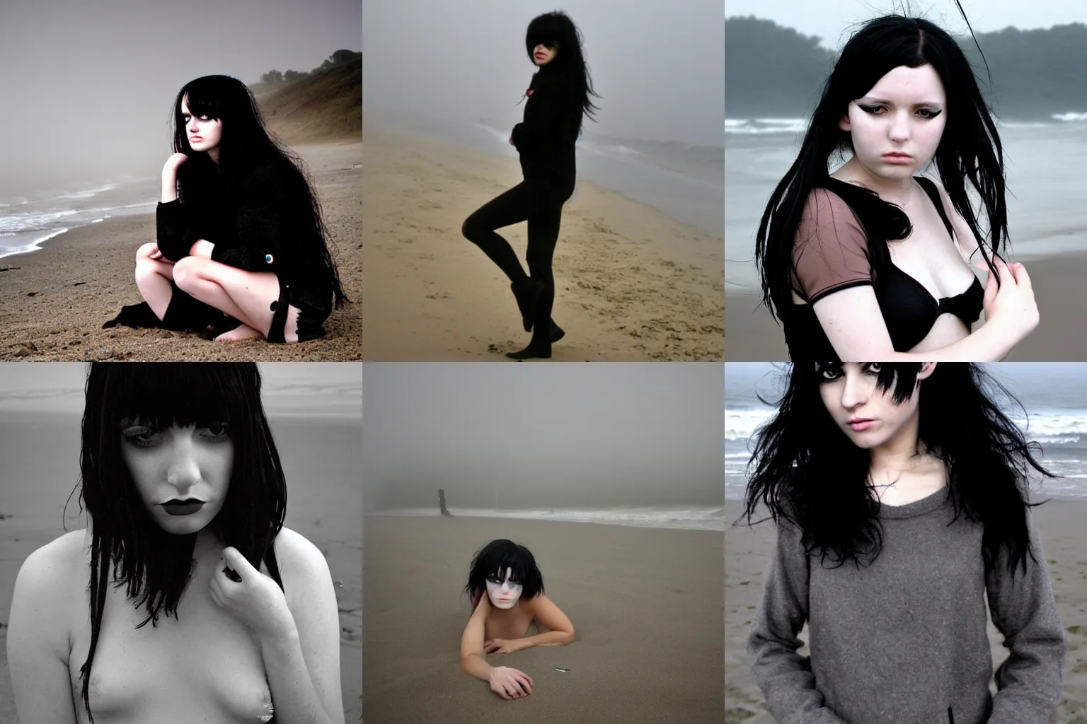 Prompt: an emo goth girl, black hair, on the beach on a cold foggy day, 2006