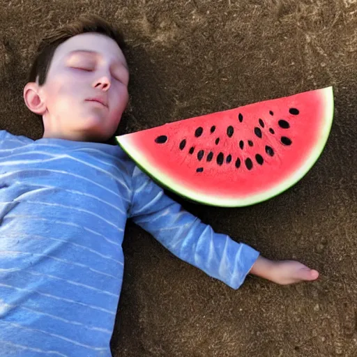 Image similar to a boy fell asleep on a watermelon truck