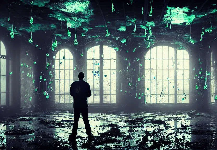 Prompt: a sad man in the center of the room looks out the magic window behind which is the old ruined city, toxic colorful slime and debris pouring from the ceiling in a large gothic cracked steampunk room spilling over the transparent floor and splashing large glowing luminescent neon drops, field - blur, floodlight, argand lamp, 4 k