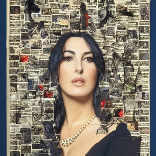 Image similar to a beautiful!!! portrait of Monica Bellucci, collage art of pages from alchemical grimoires, 8K, highly detailed, cryptic and mysterious, hypermaximalist, photorealistic