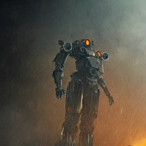 Image similar to mecha made from kitchen utensils, dark messy smoke - filled cluttered workshop, dark, dramatic lighting, orange tint, cinematic, highly detailed, sci - fi, futuristic, movie still from blade runner