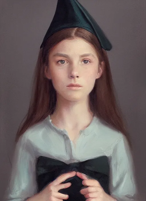 Prompt: a portrait of an eleven year old girl with brown hair. she is wearing a simple green dress and a black pointed witch hat. beautiful painting with highly detailed face by greg rutkowski and magali villanueve
