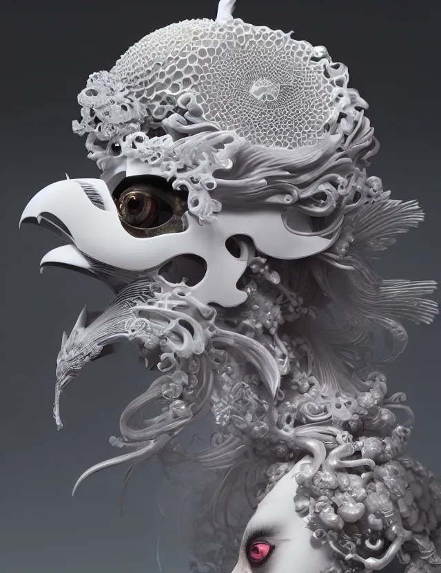 Image similar to 3 d goddess close - up profile portrait biomechanics with ram skull. beautiful intricately detailed japanese crow kitsune mask and clasical japanese kimono. betta fish, jellyfish phoenix, bio luminescent, plasma, ice, water, wind, creature, artwork by tooth wu and wlop and beeple and greg rutkowski