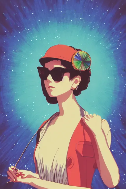 Prompt: an transparent glass portrait of a stylish and fashionable young woman wearing sunglasses holding in her hands a discoball while standing in front of a massive crowd dancing in the background, by kawase hasui, studio ghibli, moebius and edward hopper, colorful flat surreal design, xray hd, 8 k, artstation