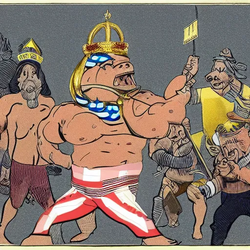 Prompt: a muscular pig wearing a gold crown fighting uncle sam in a city