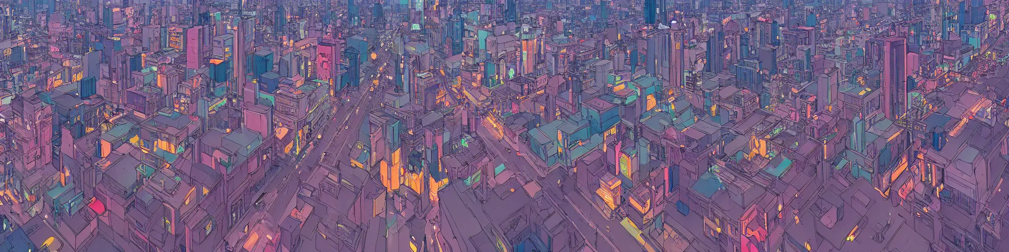 Image similar to panorama view of a city at street level, no cars. sharp focus, cinematic pose, cinematic lighting, unreal engine render. art by josan gonzales and moebius and deathburger.