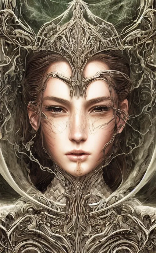 Prompt: a professional portrait of a beautiful young female, clothed in ethereal battle armor, olive skin, long dark hair, beautiful bone structure, symmetrical facial features, deep forest psytrance Neo-Gothic concept, infinity glyph waves, intricate artwork masterpiece, very coherent artwork, cinematic, full frontal facial features by Artgerm, Takato Yamamoto, Zdizslaw Beksinski, Johnatan Wayshak, Moebius, Ayami Kojima, very coherent artwork, trending on cgsociety, ultra high quality model, production quality cinema model, high detail chromatic ink outline, octane render, unreal engine 8k, hyper realism, high detail, octane render, unreal engine, 8k, High contrast