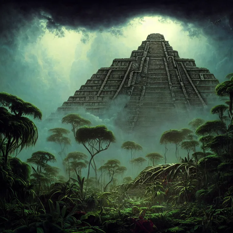 Image similar to surreal painting of crashed mayan aztec spaceship overgrown by jungle, soft grainy bloom lucid dream - like atmosphere, harsh flash photo at night, baroque painting, perfect composition, detailed octane render trending on artstation, 8 k artistic photography, volumetric cinematic perfect light, chiaroscuro, masterpiece, raphael, caravaggio, beksinski, rutkowski, beeple