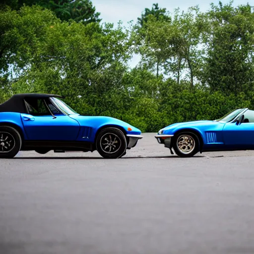 Prompt: blue 1 9 6 9 corvette and a silver 1 9 9 9 miata. 3 5 mm 8 k