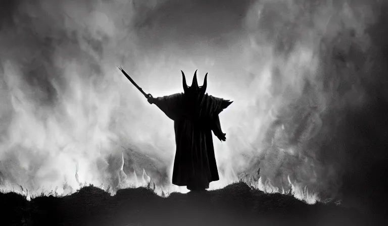 Prompt: the dark lord sauron, fire, in the style of akira kurosawa, cinematic, dramatic lighting, black and white, film grain