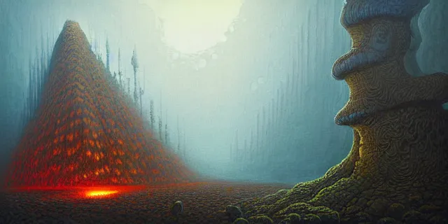 Prompt: painting lava dripping labyrinth with redwood trees covering futuristic castle city from bladerunner in the style of aquapunk by tomasz alen kopera and daniel lieske with futuristic castle by simon stahlenhag