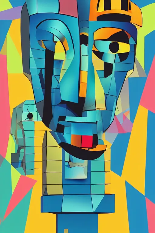 Image similar to cubist moai statue cutout digital illustration cartoon colorful beeple