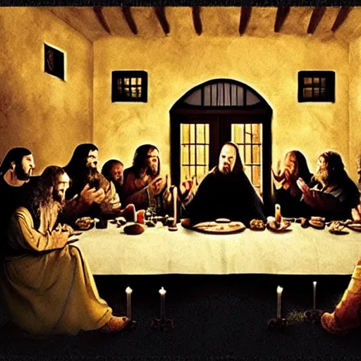 Image similar to the fellowship of the ring, in the style of the last supper