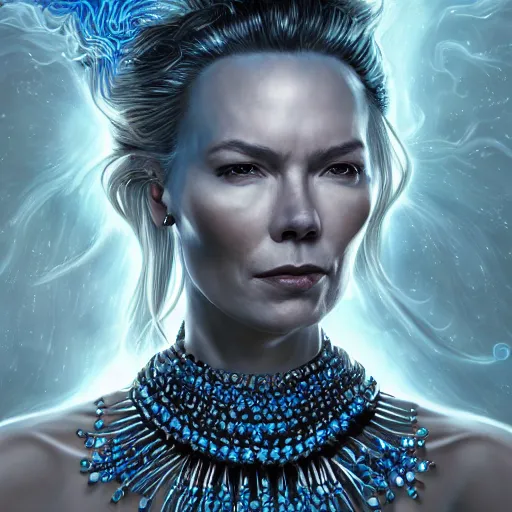 Prompt: masterpiece portrait of an aesthetic mage woman, ice spell, 3 0 years old woman, ( connie nielsen like ), black dynamic hair, wearing silver diadem with blue gems inlays, silver necklace, painting by joachim bergauer and magali villeneuve, atmospheric effects, chaotic blue sparks dynamics in the background, intricate, artstation, fantasy