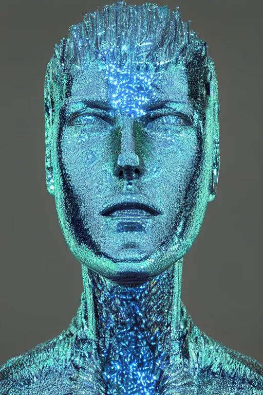 Image similar to hyper detailed ultra sharp portrait of baroque and bladerunner delicate neon diamond sculpture of seductive albino christian santamaria, sarcophagus blue iridescent humanoid deity wearing metallic hoody made out of hands holding the sun prismatic dungeon, glowing blue face, crown of white diamonds, cinematic lighting, photorealistic, octane render 8 k depth of field 3 d