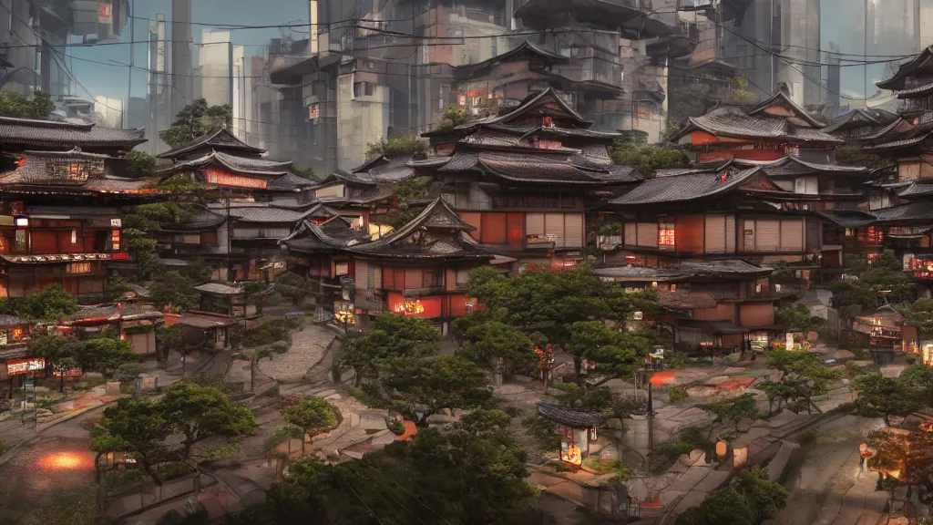 Prompt: small, oriental, japanese village with cyberpunk, techno - futuristic elements, designed in blender, octane render, fantasy, landscape, hyperrealistic, highly detailed, 4 k hd