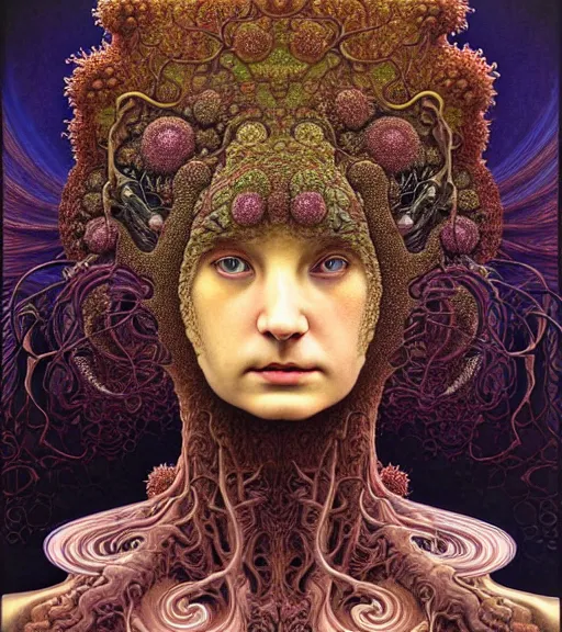 Prompt: detailed realistic beautiful young biopunk queen of mandelbrot lava in full regal attire. face portrait. art nouveau, symbolist, visionary, baroque, giant fractal details. horizontal symmetry by zdzisław beksinski, iris van herpen, raymond swanland and alphonse mucha. highly detailed, hyper - real, beautiful