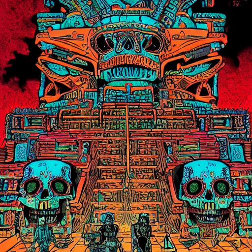 Prompt: precisely drawn illustration of a Mayan temple decorated with skulls, wide angle, sharp, fine details, French comic style, vibrant colors, popping colors, cyberpunk, intense line art, 8k, precise linework, realistic, in the style of Richard Corben and Moebius