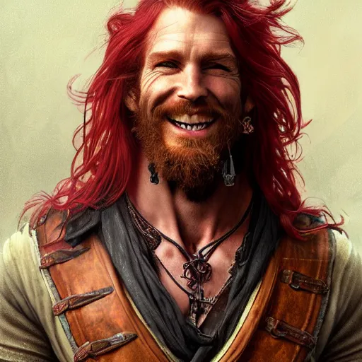 Prompt: portrait of a young ruggedly handsome but joyful pirate, male, masculine, muscular, upper body, red crimson crimson hair, long long flowing hair, fantasy, smug smirk, intricate, elegant, highly detailed, digital painting, artstation, concept art, matte, sharp focus, illustration, art by artgerm and greg rutkowski and alphonse mucha